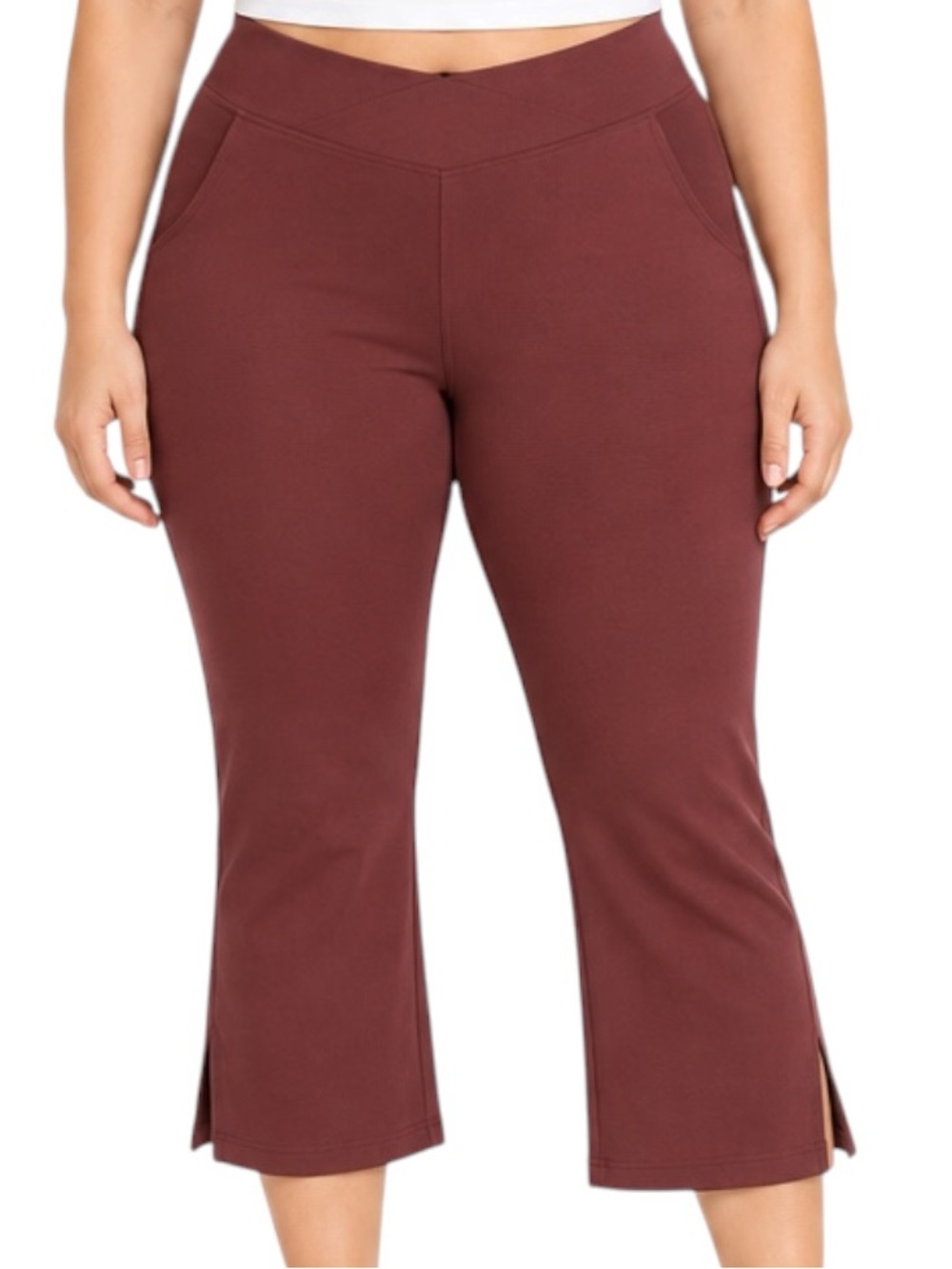 Jockey Cropped Slit Flare Yoga Pants Size Large Nocturne Burgundy Red